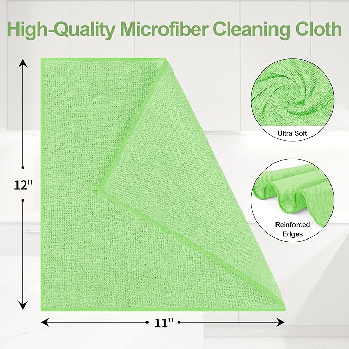 Microfiber Cleaning Cloth, 12 Pack Green Cleaning Rags,12" X 11" Lint Free Dish Towels Wash Cloths, Reusable Microfiber Towels for Home and Kitchen Bathroom Apartment Cleaning Supplies