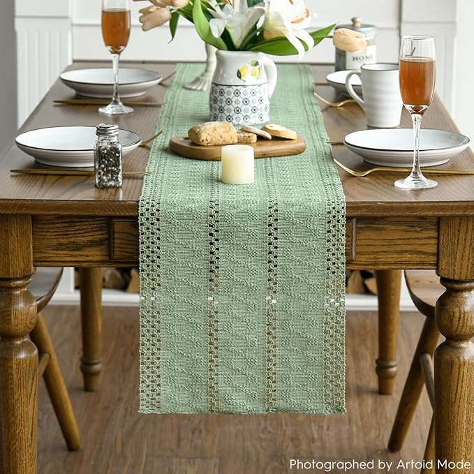 Artoid Mode Light Green Farmhouse Woven Rustic Hollow Table Runner, Seasonal Holiday Hollow Kitchen Dining Table Decoration for Home Party Decor 12x60 Inch