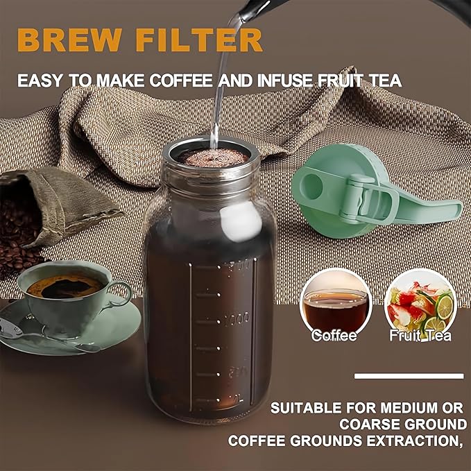 JunVpic Cold Brew Coffee Maker Jar - 64oz Thick Glass Multipurpose Mason Pitcher Spout Lid with Handle & Stainless Steel Filter for Iced Coffee, Lemonade, Ice Tea, Homemade Fruit Drinks Container