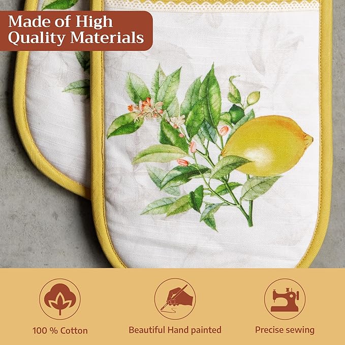 Maison d' Hermine Double Oven Mitts 100% Cotton 7"x35" Double Oven Mitt Heat Resistant BBQ Cooking Gloves with Loop Baking Grilling Gifts for Mothers Day Spring Summer (Limoncello)