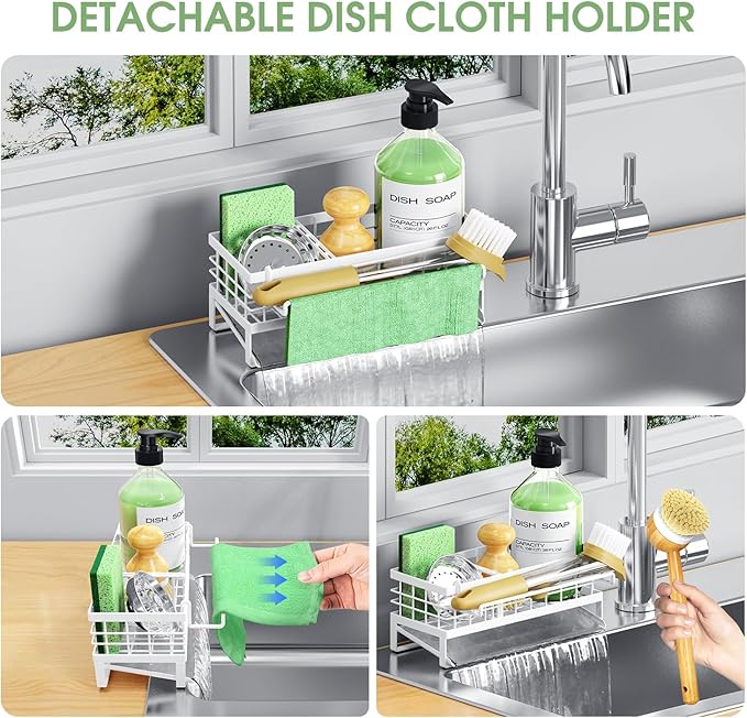 Self-Draining Kitchen Sink Caddy, Rustproof Non-Slip Sponge Holder with Detachable Dish Cloth Holder (White)