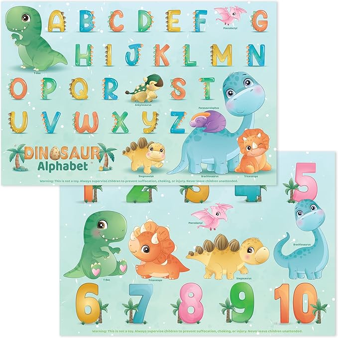 Bright Seed Disposable Placemats for Baby, Toddlers and Kids, 40 Disposable Baby Placemats for Restaurant, Dining Table & Travel, Learning Placemats for Kids, Toddler Travel, Dinosaurs ABC & Numbers