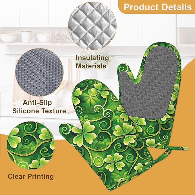 Oven Mitts and Pot Holders St. Patrick Day Silicone Kitchen Accessories Set of 4 Heat Resistant Gloves Green Clover Potholder Non-Slip Grip for Chef Cooking Baking Grilling BBQ
