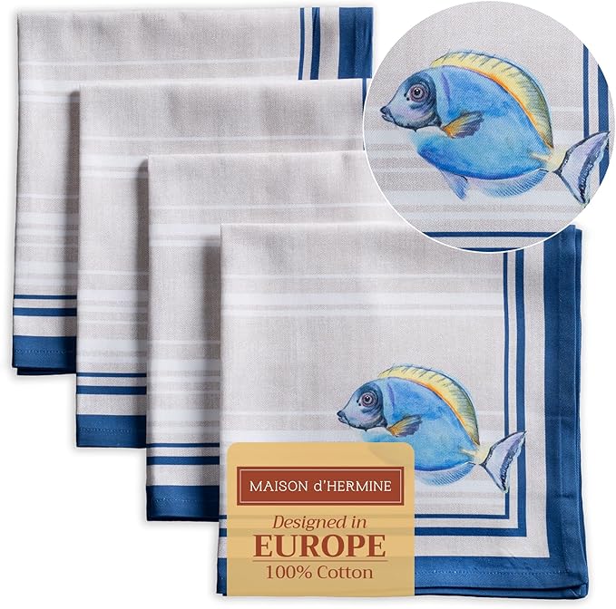 Maison d' Hermine Cloth Napkins Set of 4 100% Cotton Everyday Reusable Square Napkins Cloth Washable Dinner Party Wedding Restaurant Gifts for Mothers Day Spring/Summer (Poisson, 20" x 20")