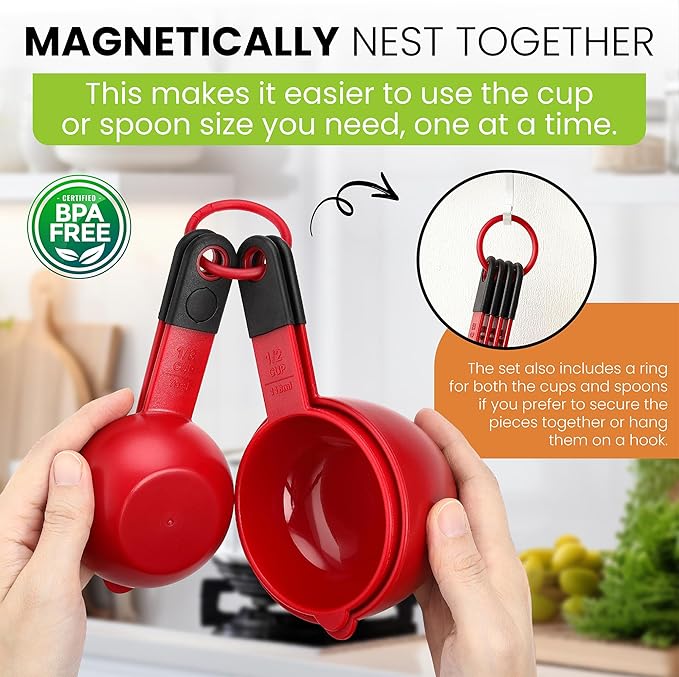 Spring Chef Red Magnetic Measuring Cups and Spoons Set of 9, Stackable Plastic Kitchen Gadget with Easy to Read Markings - Measure Dry or Liquid Ingredients for Baking & Cooking, BPA Free