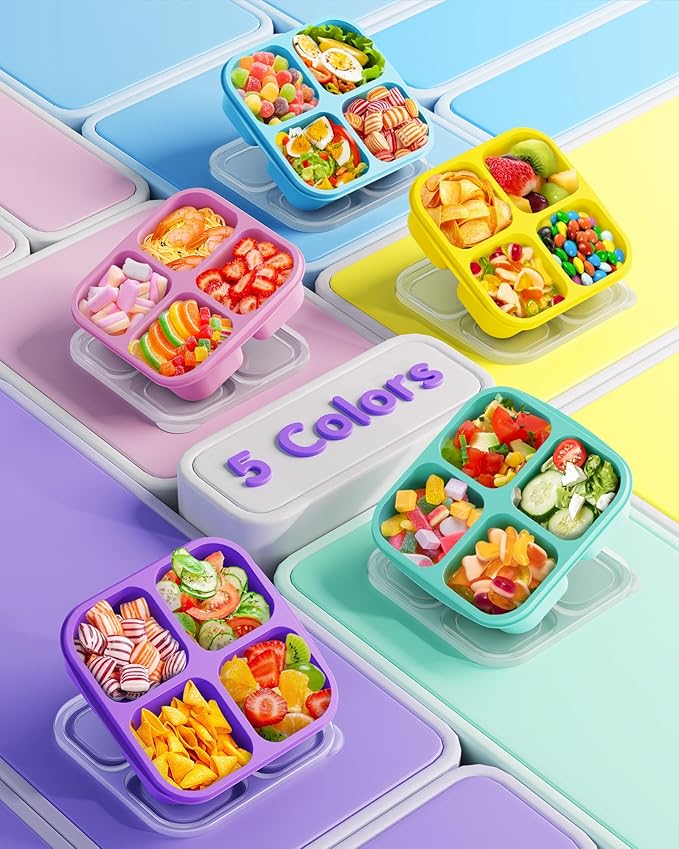 Canfanni 5 Pcs Bento Snack Containers, Reusable 4 Compartment Divided Food Storage Containers, Divided Lunchable Container for School, Work and Travel (Transparent Lids)