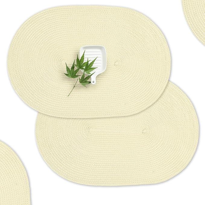 AHHFSMEI Placemats Set of 6 for Dining Table Washable Woven Non-Slip 18x12 inches Placemat Heat-Resistant Durable Table Mats for Dining Table Easy to Clean (Ivory)