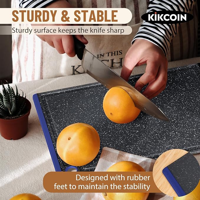 Kikcoin Plastic Cutting Boards for Kitchen, 3-Piece Large Cutting Board Set Dishwasher Safe Chopping Boards with Non-slip Feet and Juice Grooves, Blue