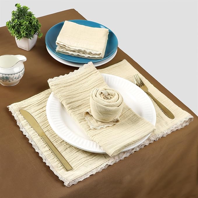 FINGERCRAFT Dinner Cloth Napkin Cotton Muslin Double Gauze 12 Pack with Classic Lace for Everyday Use, Wedding, Party, Christmas, Easter Napkins Cloth are Pre Shrunk and Good Absorbency Beige