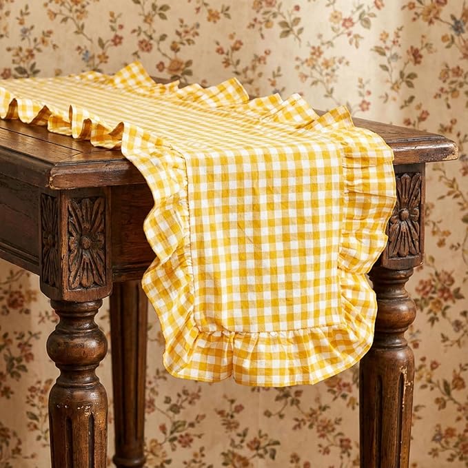 HunnmingRe 1 Pcs Yellow Plaid Gingham Ruffle Table Runner 72 x 13.8'' Farmhouse Easter Table Runner 100% Cotton Scalloped Long Dresser Scarves for Dining Room, Wedding, Kitchen Rustic Home Decor