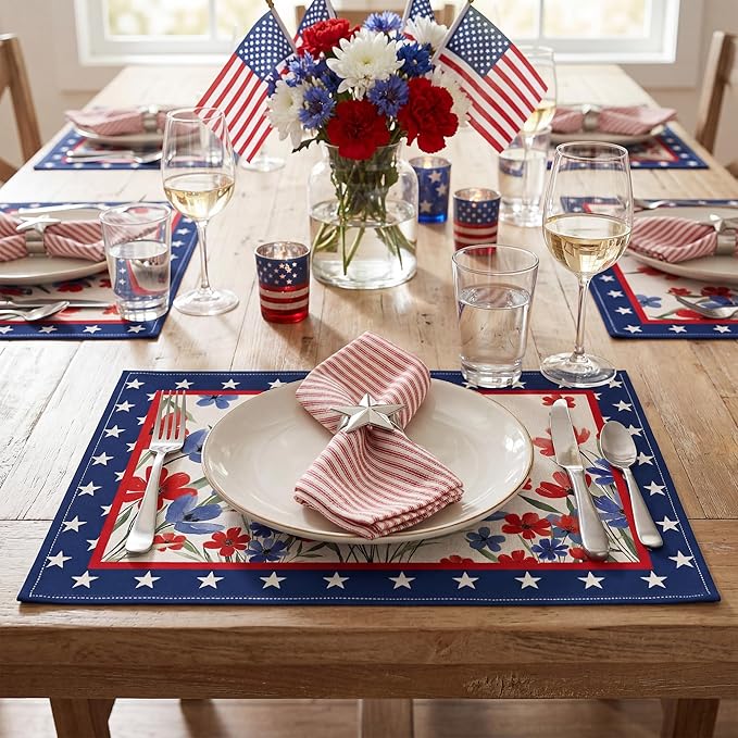 Patriotic Red White Blue Floral Placemats, USA 250th Anniversary 1776-2026 Independence Day Placemats, Watercolor Floral Patriotic Table Mats for 4th of July Memorial Day Party Decor, Set of 4