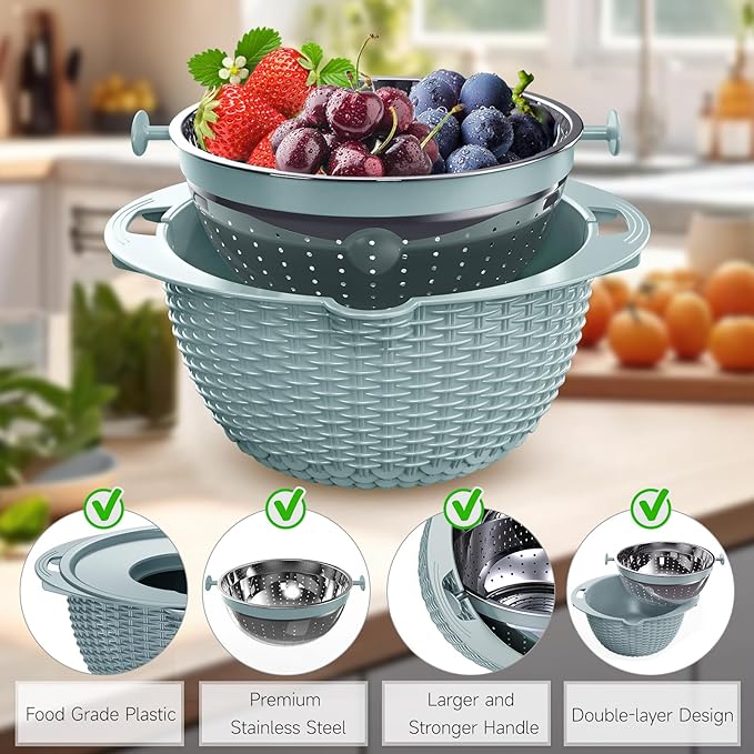 4-1 Strainer with Bowl & Spoons Set - Strainers and Colanders(Patented) - Colanders for kitchen - Food Strainer with New Upgraded Graters & Spoons - Fruit Bowl for Pasta Fruits Veggie- Blue