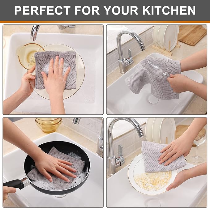 Kitinjoy 100% Cotton Kitchen Dish Cloths (12 X 12 Inches, Light Grey), 6 Pack Waffle Weave Ultra Soft Absorbent Dish Towels for Drying Dishes Quick Drying Kitchen Towels Dish Rags