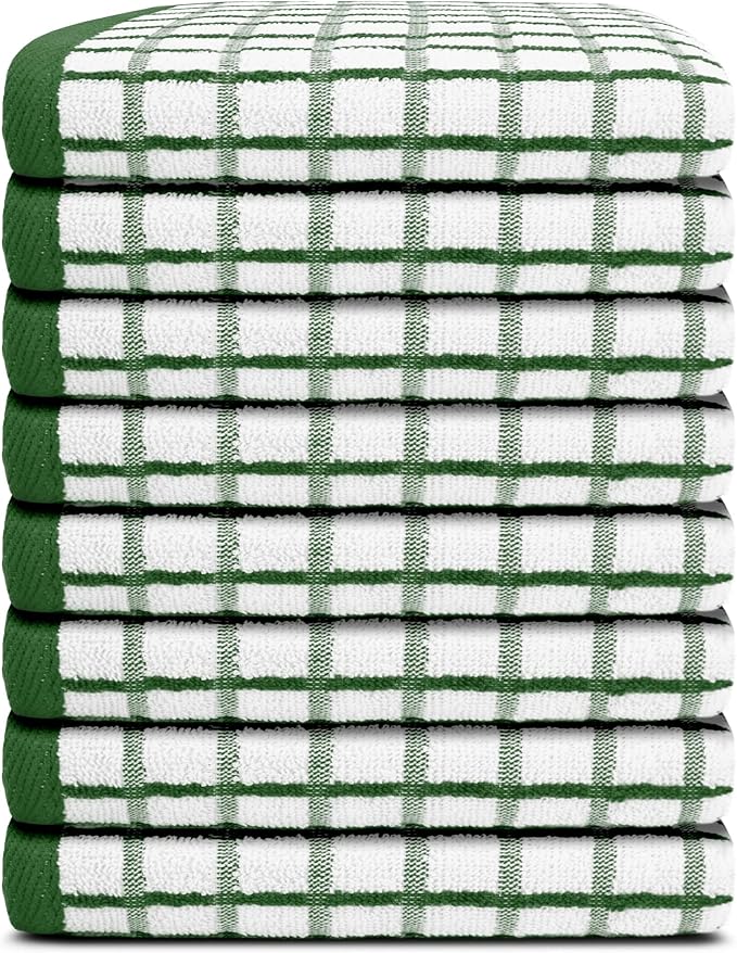 White Classic Premium Dish Towels for Kitchen, with Hanging Loop [8 Pack] Heavy Duty Absorbent 100% Cotton 410 GSM Terry Kitchen Towels, 16x26 (Green)