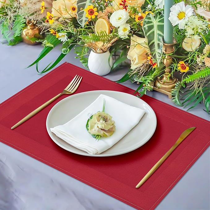 Red Placemats Set of 4, 12x18 Inch Heat-Resistant Washable Easy to Clean Place Mats, Faux Linen Cloth Table Mats Suitable for Indoor/Outdoor Parties & Kitchen Decor (Red)