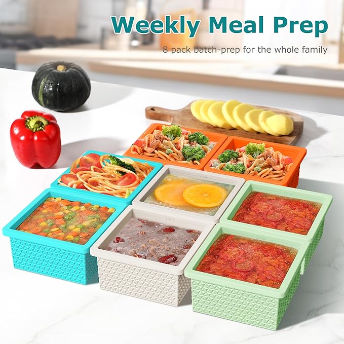 Silicone Freezer Molds for Soup Cubes - 2-Cup Freezer Storage Container Tray with Lid, 8 Pack Stackable Ice Cube Trays for Portion Control,Food Storage & Meal Prep,Oven & Dishwasher Safe