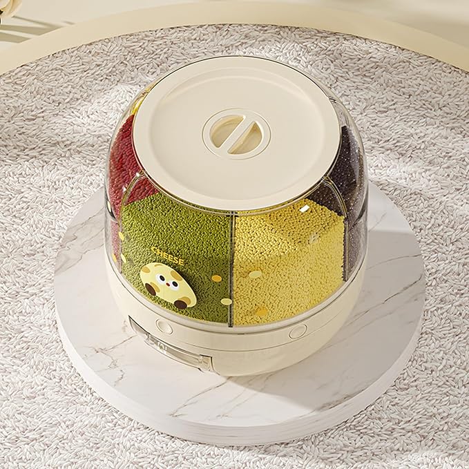 Rice Dispenser | 360° Rotating Grain Storage Bin - 6 Grids, 20LBS Large Capacity Food Container, Moisture-Proof, One-Click Output for Rice, Beans & Pet Food (Decorative Print)