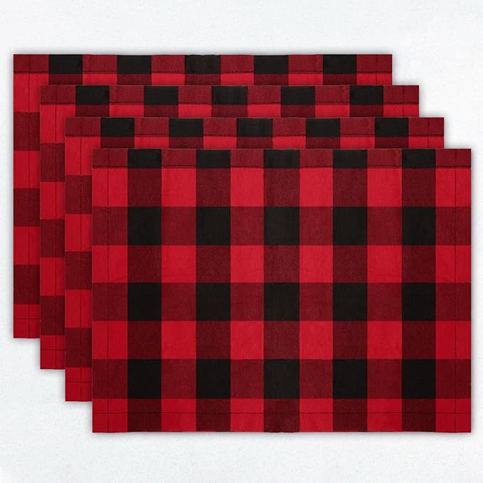 DUOBAO Checkered Placemats Set of 4, 12x18 Inch Red Black Buffalo Plaid Table Mats, Farmhouse Kitchen Dining Decor for Holidays, Weddings, Christmas, Thanksgiving, Parties