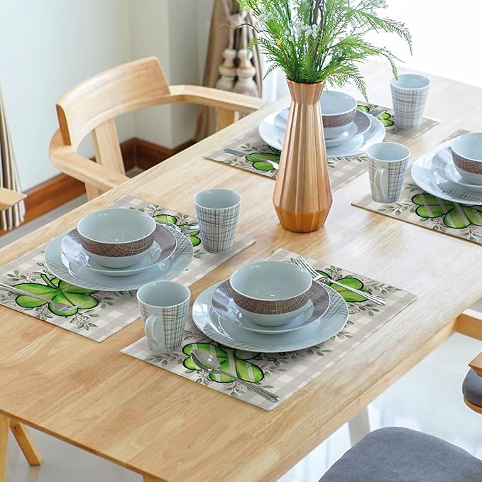 Shamrock St. Patrick's Day Placemats Set of 4 Eucalyptus Leaf Non-Slip Place Mat 12x18 Inch Spring Seasonal Holiday Bufflao Plaid Table Mats for Party Kitchen Dining Decoration
