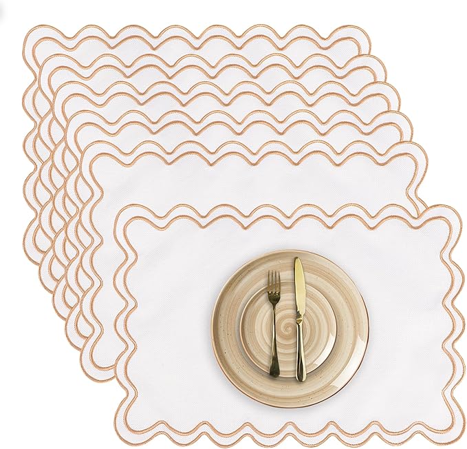 Set of 6 Cotton Linen Placemats, 13''x 19'' Wavy Embroidery Scalloped Placemats Washable Rustic Dinner Waterproof Table Mats (Khaki)