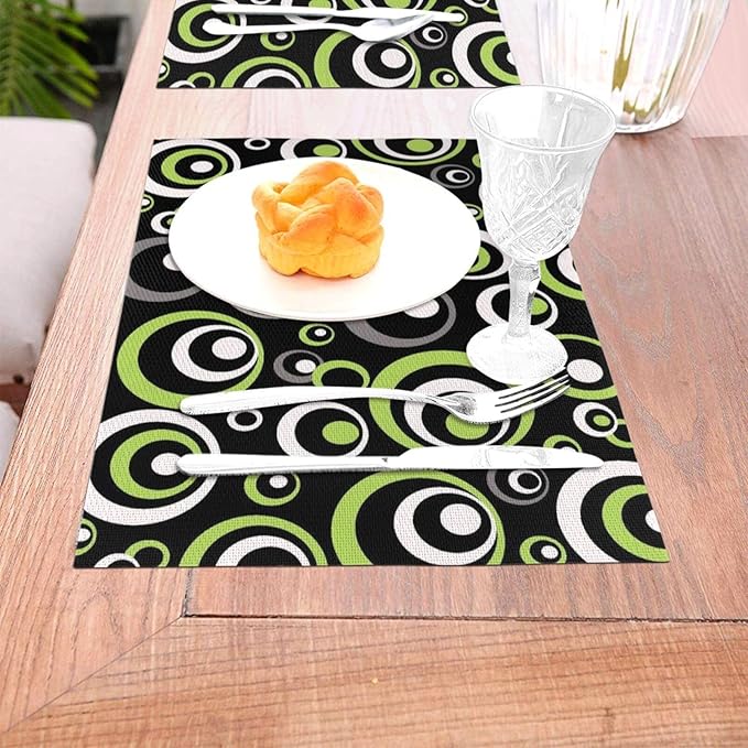 Black Green Geometric Circles Linen Placemats Set of 4, Washable Heat Resistant Green Table Mats for Dining Table Kitchen Wedding Farmhouse Party Coffee Shop, Modern Home Decor, 12" x 18" Place Mats