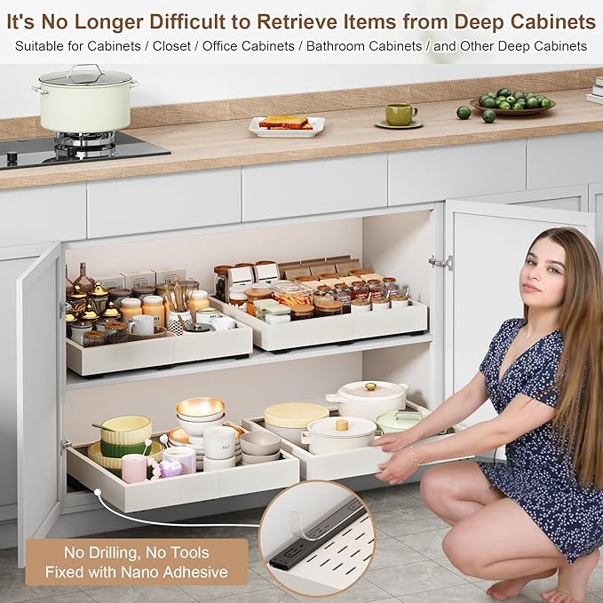 Pull out Cabinet Organizer,Expandable Width(11"-16"),Depth(17"-24") with 3 Rails,Roll out Drawers,No Drill Adjustable Slide out Shelves for Kitchen,Pantry,for Both Lip and Lip-Free Cabinets,White(1PC)
