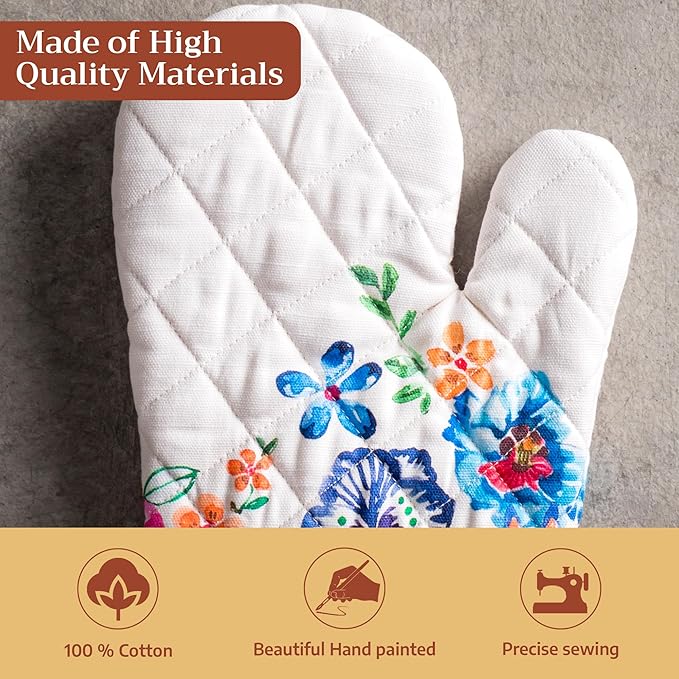 Maison d'Hermine Oven Gloves 100% Cotton Oven Mitt 7" x 13" with Loop Heat Resistant BBQ Cooking Gloves Baking Grilling Gifts for Mothers Day Spring/Summer(Pack of 1, Happy Florals - High Summer)
