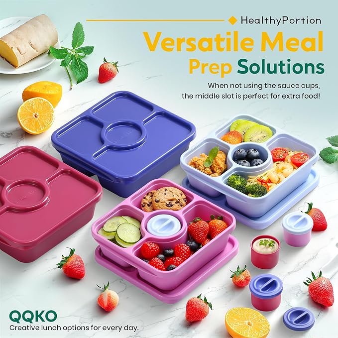 QQKO Bento Snack Box Containers for Adults Kids, Meal Prep Containers Reusuable Bento Lunch Box, Lunchable Food Storage Containers with Lids and Sauce Cups, Grape