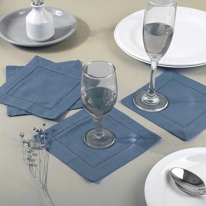 FINGERCRAFT Cocktail Napkins 6 x 6 Inch Premium Quality Cotton, Generous Hemstitch and Mitered Corner Set of 12 Coaster Cloth Stellar