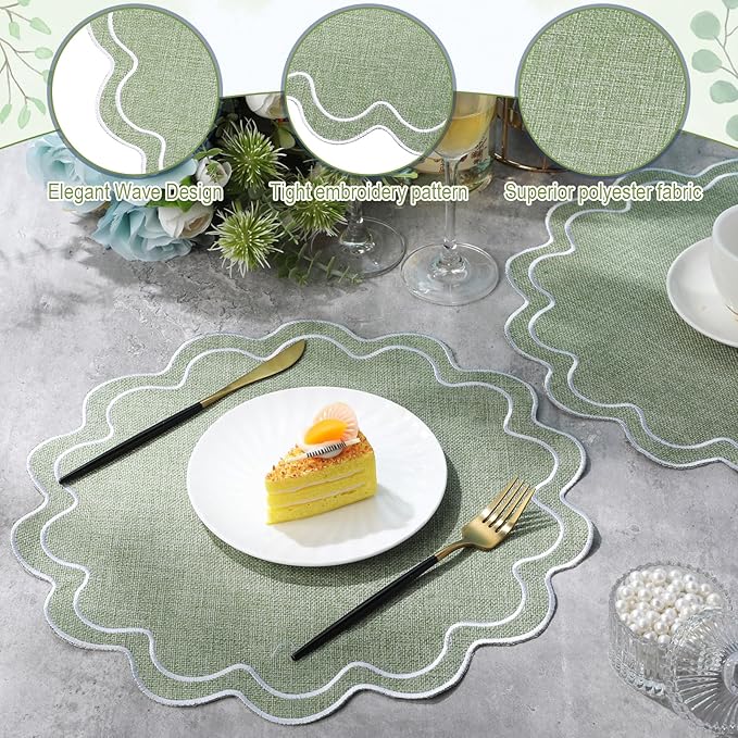 Set of 12 Cotton Linen Placemats, 15x15 Scalloped Flower Embroidery Cloth Table Mat Double Layered Fabric Washable Wrinkle Free Dining Placemat for Restaurant Kitchen Decor (Green with Silver)