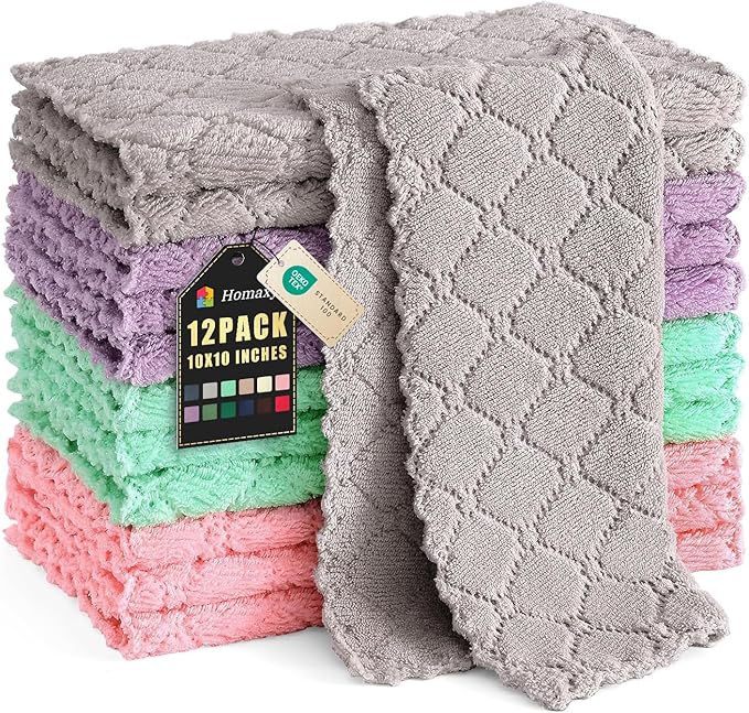 Homaxy 12 Pack Kitchen Dish Cloths (10 x 10 Inches, Multi Color), Super Soft and Absorbent Coral Velvet Dish Towels, Nonstick Oil Fast Drying Microfiber Cleaning Cloth, No Lint Household Dishcloths