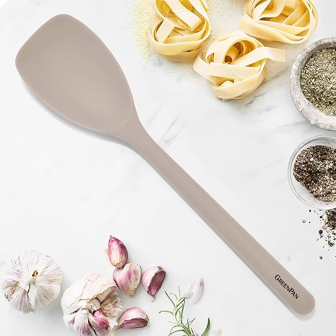 GreenPan Silicone Sauté Spoon, Mixing Stirring Serving, Cooking Kitchen Utensil, Flexible Rubber Nonstick Cookware, Rigid Steel Core, Heat-Resistant, Anti-Slip Handle, BPA-Free, Dishwasher Safe, Taupe