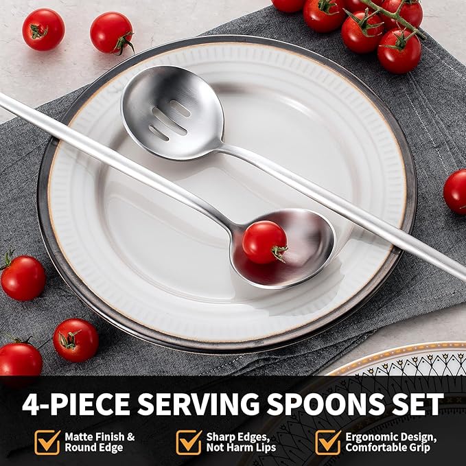 O.C.E. 4 Pieces Serving Spoons Set, 10.3-Inch Large Serving Spoon, Including 2 Spoon and 2 Slotted Spoons, Stainless Steel Flatware Serving Set, for Buffet, Banquet or Gift, Matte Silver