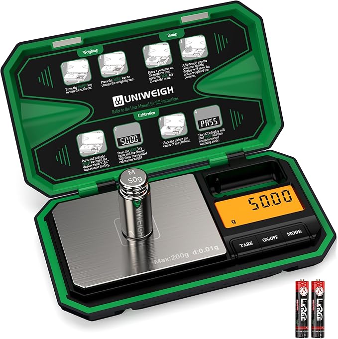 UNIWEIGH Digital Pocket Scale Precision 200g/0.01g, Digital Scale Grams Ounces, Mini Jewelry Scale, Coins Scale with 50g Cal Weights for Gold/Silver/Gems/Food,(Battery Included)-Green