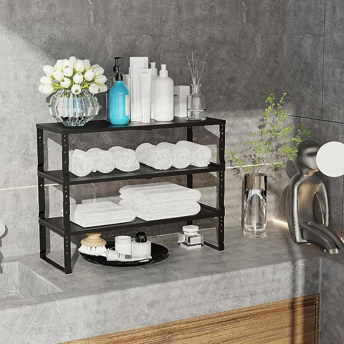 Jojocross Expandable Cabinet Shelf Organizer Storage Spice Rack Shelves for Kitchen Stackable Adjustable Pantry Cupboard Bathroom Countertop Desktop(2Packs/Black/Large-with Hole)