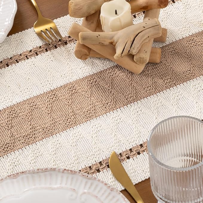 DeZerlor Boho Macrame Table Runner Spring Easter Farmhouse Woven Table Runner with Tassels 90 Inches Ivory& Khaki Cotton Linen Kitchen Table Decor for Dining Dresser Home Tea Table Decor