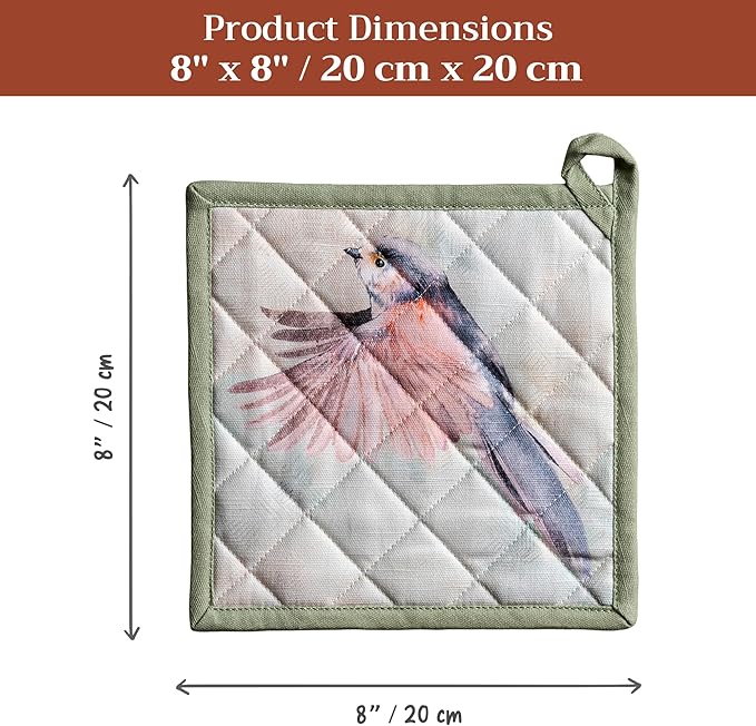 Maison d' Hermine Pot Holders 100% Cotton Heat Resistant Potholders 8" x 8" Hot Pads with Loop BBQ Cooking Baking Gifts for Mothers Day Handling Hot Pans Spring/Summer (Pack of 2, Flying Birds)