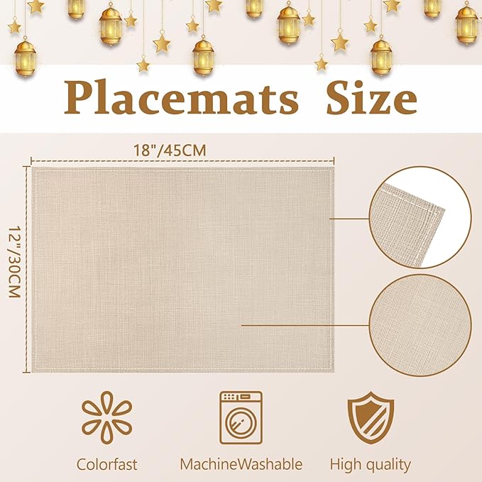 Bloss Beige Placemats Set of 6-12x18 Inch Table Mats Washable Heat-Resistant Place Mats for Dining Table, Easy to Clean Seasonal Place Mats for Holiday Party Kitchen Dining Table Decoration