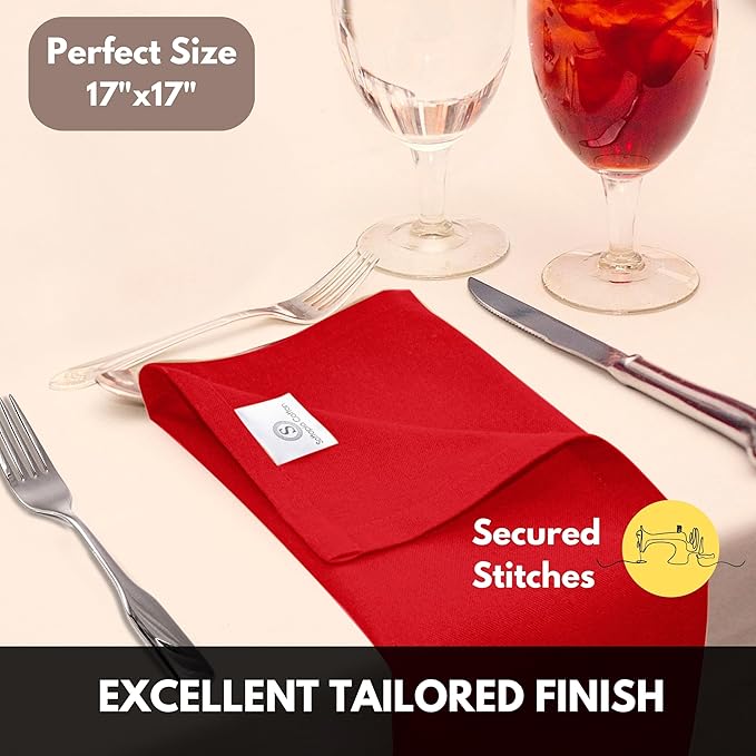 Napkins 100% Cotton Set of 12 Decorative Cloth Napkin Washable Dinner Napkins for Holiday, Dinner, Wedding, Baby Shower & Dining - Red (17"x17")