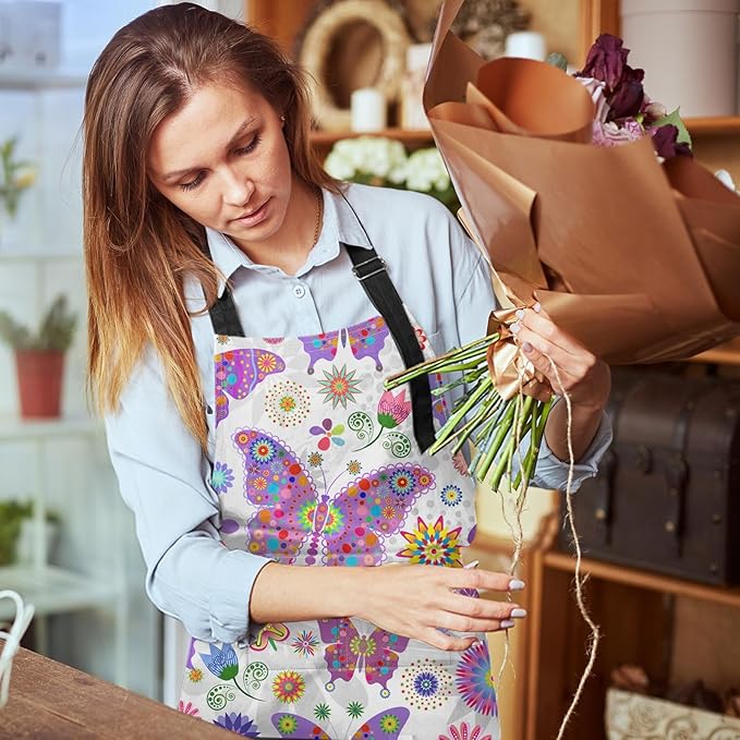 Britimes Butterfly Apron Floral Colorful Butterflies Flowers Aprons Kitchen Cooking Gardening for Women With Pockets