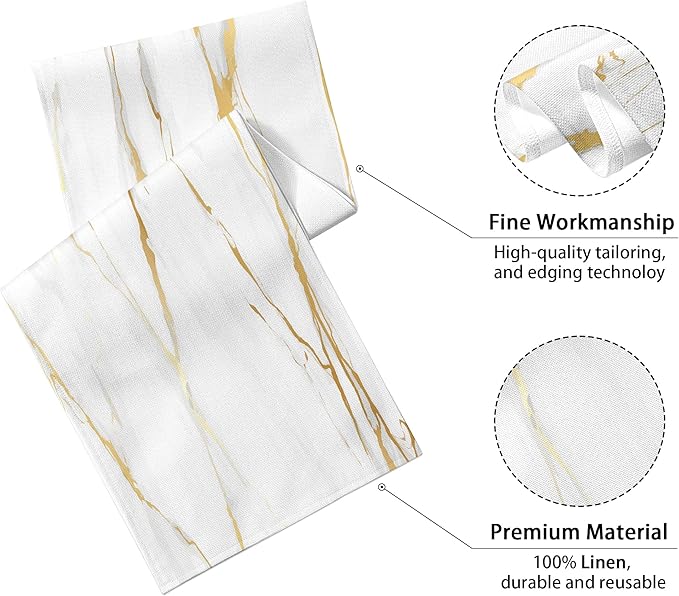 White Gold Table Runner Marble Linen Table Runners,Long Coffee Dresser Runners for Bedroom,Farmhouse Rustic Table Runner for Kitchen Dining Table Party (Marble, 13"x71")
