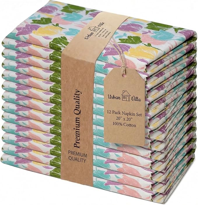 Urban Villa Easter Cloth Napkins 100% Cotton Absorbent Dinner Napkins (Set of 12) 20x20 Soft Durable Reusable Washable Napkins Ideal for Easter Decorations Restaurant Wedding Parties Napkins - Tulip