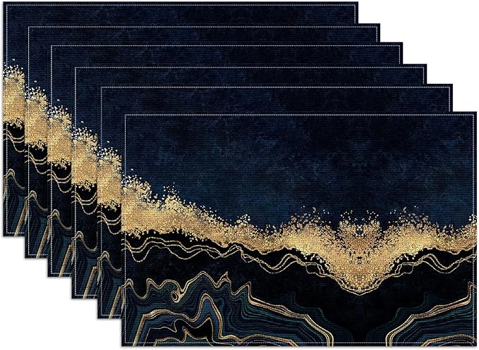 Abstract Navy Blue Marble Placemats Set of 6, Linen Place Mat Washable Stain Resistant Table Mats for Farmhouse Kitchen Dining Holiday Party Wedding Decor 12x18 Inch