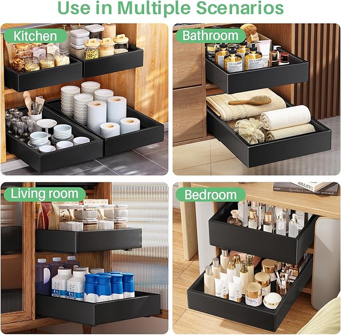 2Pack Pull out Cabinet Organizer, 21"Deep, 20"Wide Full-extension Heavy Duty Slide out Drawers Fixed with Adhesive Nano, Roll Out Shelves Sliding Cabinet for Kitchen,Bathroom,Pantry,Under Sink(Black)