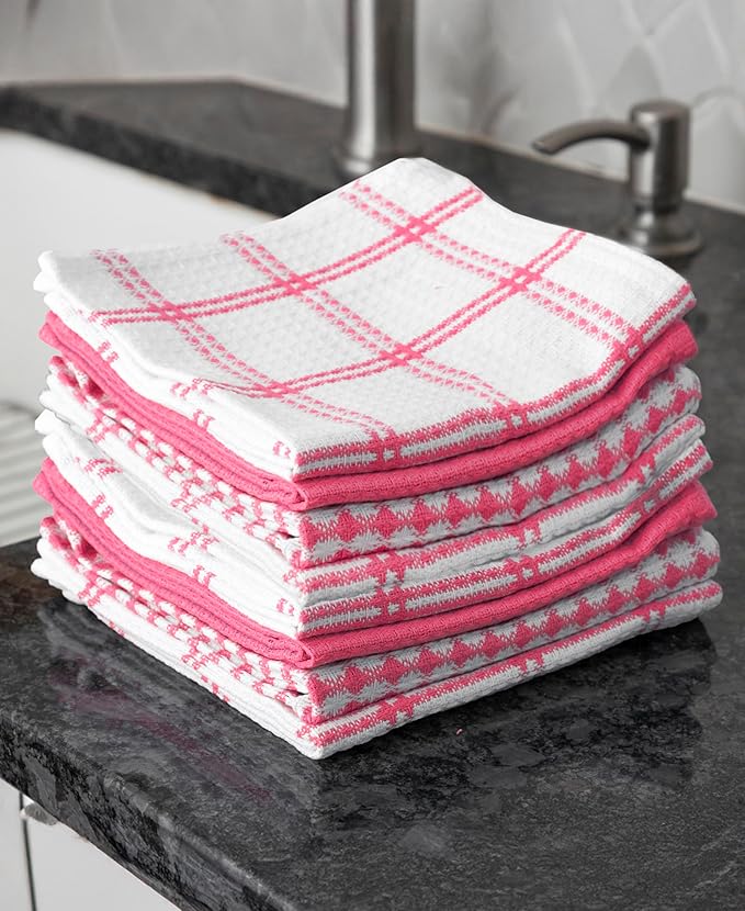 T-Fal Premium Waffle Dish Cloths: Highly Absorbent, Super Soft Long Lasting - 100% Cotton, 12"x13" Towel for Cleaning & Drying Dishes, 8-Pack, Pink