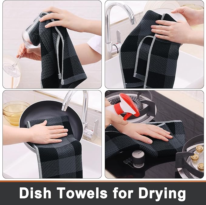 Mordimy 100% Cotton Waffle Weave Kitchen Towels, 13 x 28 Inches, Super Soft and Absorbent Buffalo Check Dish Towels for Drying Dishes, 4-Pack, Black & Grey