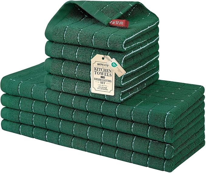 Homaxy Kitchen Towels and Dishcloths Set, 12 x 12 and 13 x 28 Inches, Set of 8 Bulk Cotton Terry Kitchen Towels Set, Checkered Designed, Soft and Super Absorbent Dish Towels, Dark Green