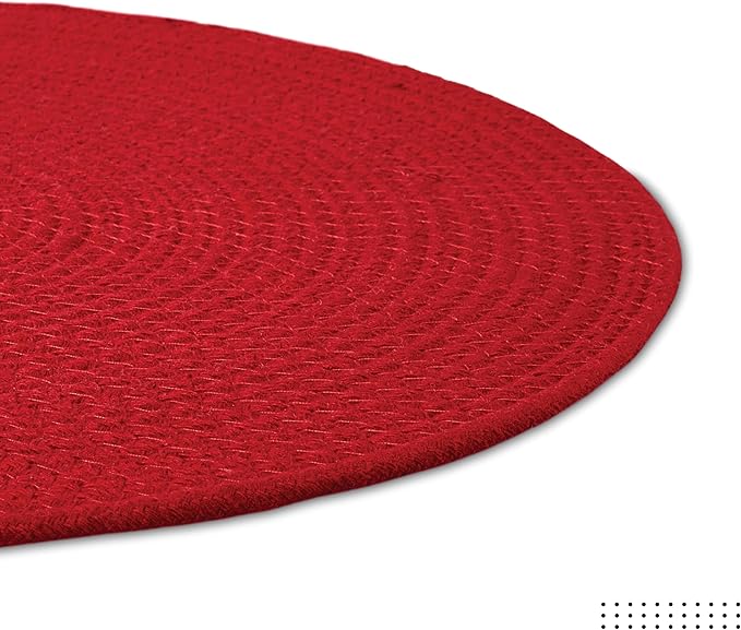 Encasa XO Dining Placemats Set of 6 | Cotton Round Table Mat - 13 in Diameter | Red | Handmade Rib Style Chargers for Dinner Plates
