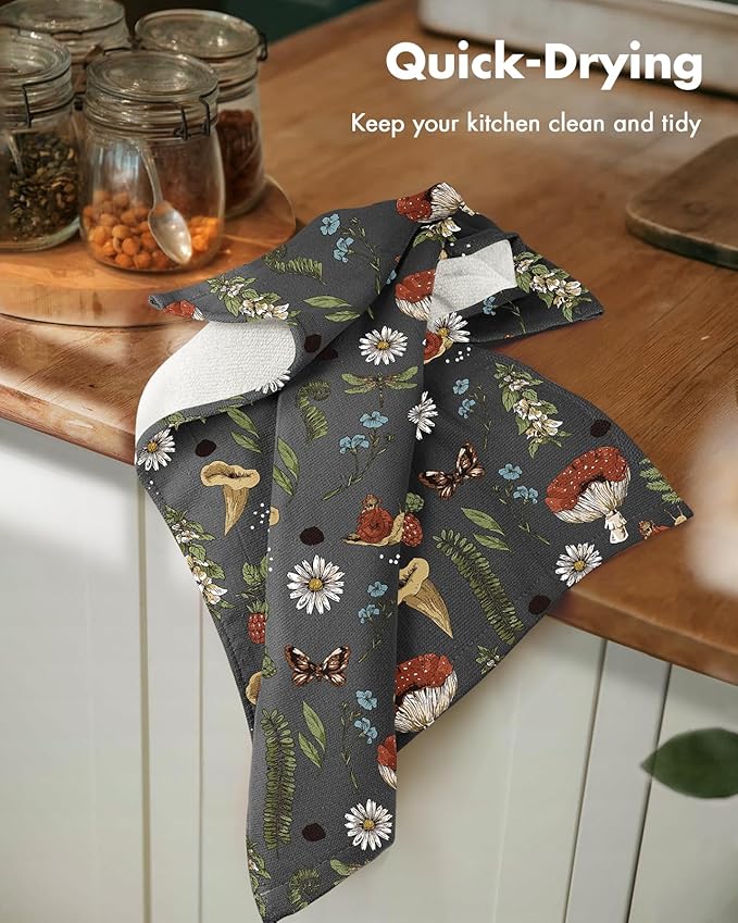 Miss Adola Cotton Kitchen Towels Set of 2 - Cute Design 16×26 Inch Dish Towels for Kitchen with Hanging Loop Mushroom Quick Dry Hand Towels Soft & Absorbent, Home Decorative, Terry Cloth Tea Towels