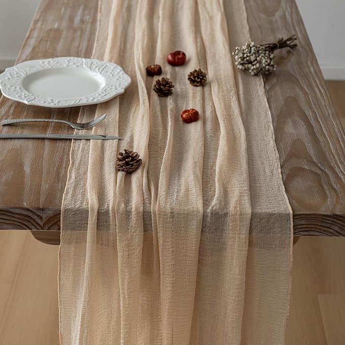 Keketoarrange Deep Beige Cheesecloth Table Runner Rustic Boho Butter Gauze 120 Inch 10 FT Cheese Cloth for Wedding Baby Bridal Shower Birthday Engagement Party Long Sheer Spring Home Decorations